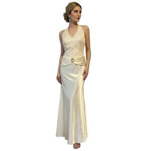 Vintage Butter Yellow Y2K Lace Satin Halter Maxi Dress Size 10